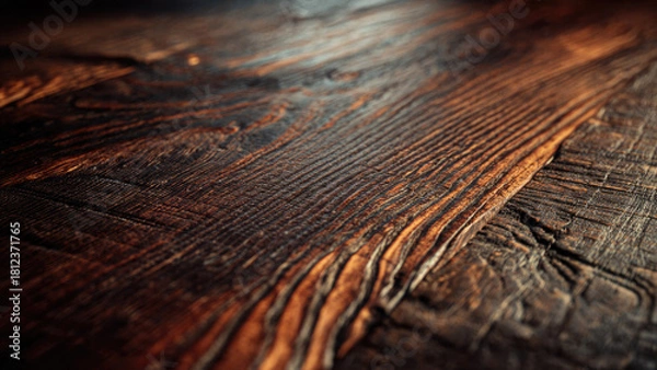 Fototapeta A detailed close-up of dark, rustic wooden planks showcasing rich textures, deep grain patterns, and natural imperfections. The aged surface creates a warm, inviting, and weathered background.