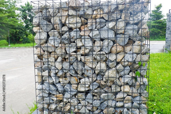 Obraz Stone wall of commercial site,various size geometric stones,natural slate stone background texture,rock texture of various shapes and sizes.