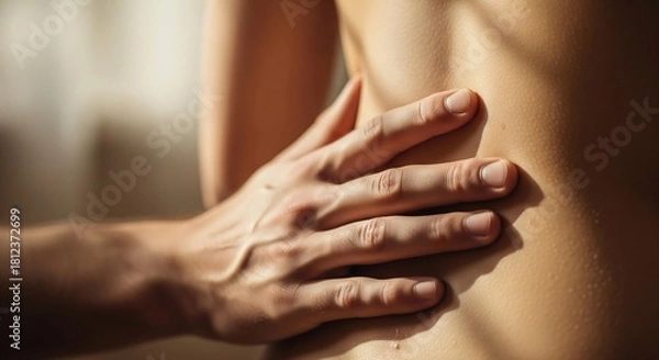 Fototapeta A close-up image captures a hand gently resting on a person's bare back. The warm light creates strong highlights and subtle shadows across the skin, emphasizing its texture and visible goosebumps.