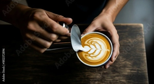Fototapeta A top-down view captures a skilled barista pouring steamed milk from a metal pitcher into a coffee cup, expertly creating a detailed rosetta latte art design. The hands of the barista are prominent,