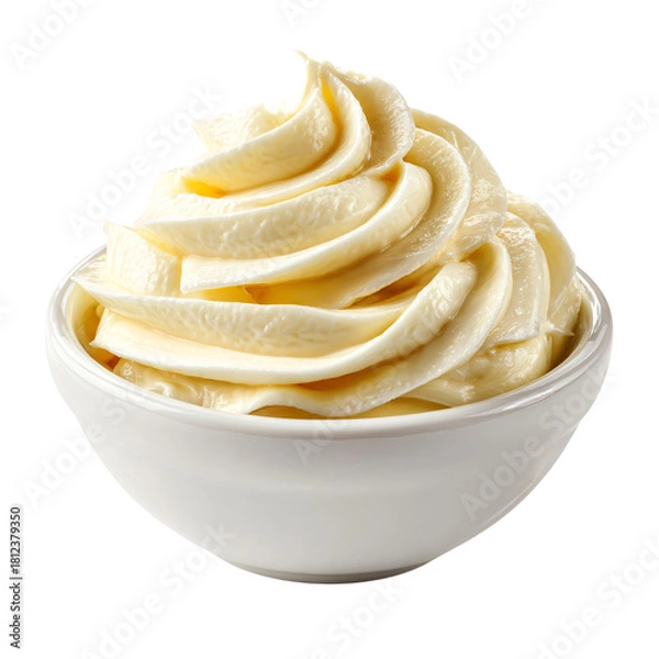 Fototapeta whipped vanilla cream in white bowl, creamy dessert topping in ceramic bowl