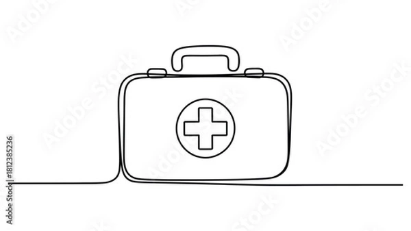Fototapeta minimalist continuous line drawing of medical first aid kit with cross symbol, healthcare emergency concept, isolated vector illustration