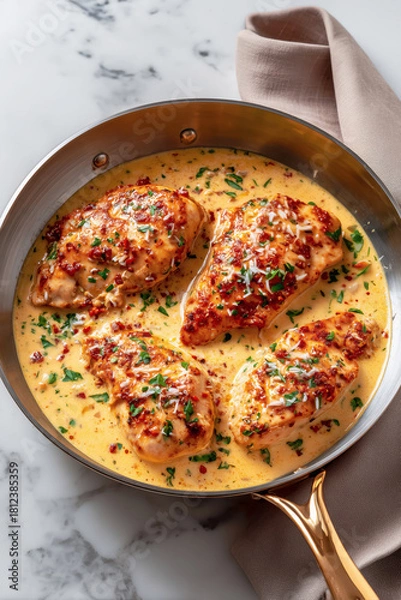 Obraz Overhead view of a fictional Cajun Chicken with grated parmesan on top in a metal skillet with gold handle on a marble background with a napkin. Concept for skillet chicken meals and menus.