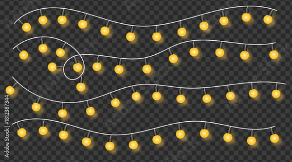 Obraz Glowing yellow string lights hanging on curved white cables with soft ambient glow on transparent background