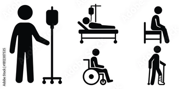 Obraz Stickman patient silhouette collection, Hospital care icon set, Injury support mobility symbols
