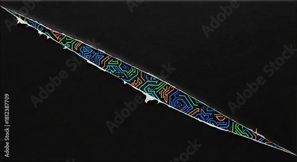 Fototapeta Graphic image of a rip/scratch on a dark background showing a vibrant, multi-colored circuit board pattern underneath. Concept for cybersecurity breach and digital damage.