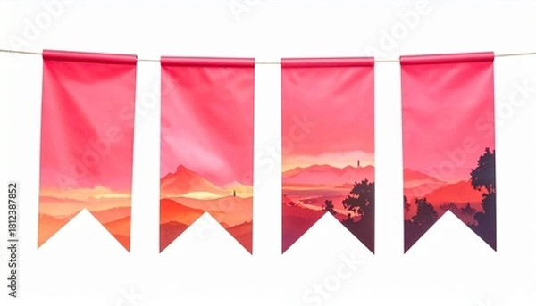 Obraz Four red-pink vertical pennant banners forming a stylized mountain landscape with trees in gradient tones.