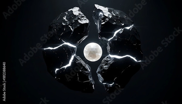 Fototapeta Dramatic black and white 3D render of a cracked sphere splitting to reveal a bright, geometric glowing core. Concept for tension, potential, or hidden power.
