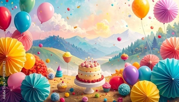 Fototapeta Pastel birthday cake with lit candles, surrounded by cupcakes, balloons, confetti, and decorations on light blue background.