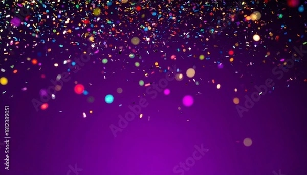 Fototapeta Colorful confetti scattered across top of purple background in festive, celebratory display.