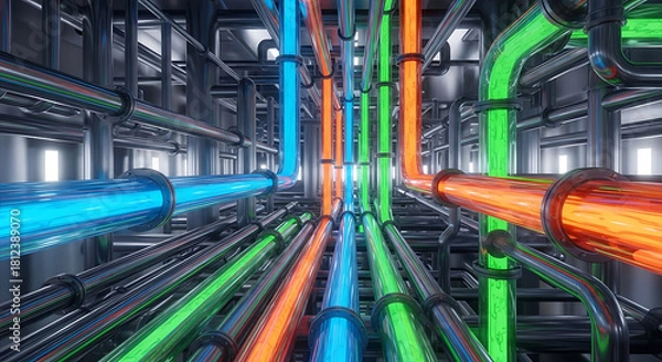 Fototapeta 3D render of an industrial pipe network carrying vibrant, glowing blue, green, and orange liquid/data flow. Concept for energy channels or massive data transfer.