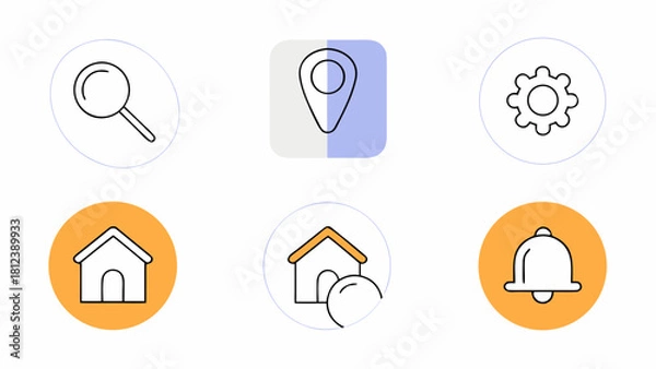 Fototapeta Collection of six different icons including search location settings home and notification bell symbols