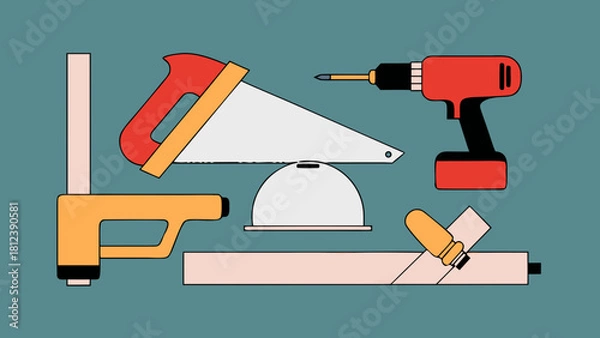 Fototapeta Illustration of carpentry tools including a saw drill square and other woodworking equipment set on a teal background