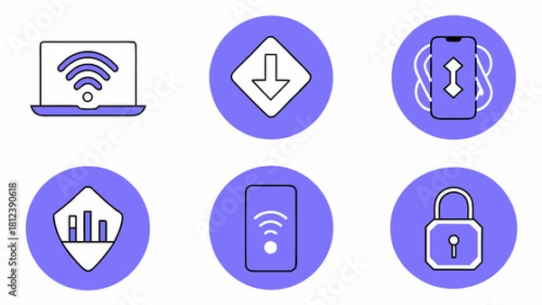 Fototapeta Illustration of laptop with wifi, download arrow, phone with arrow, chart, phone wifi, and padlock icons