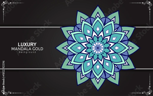 Fototapeta Elegant teal and gold mandala design on a dark black background