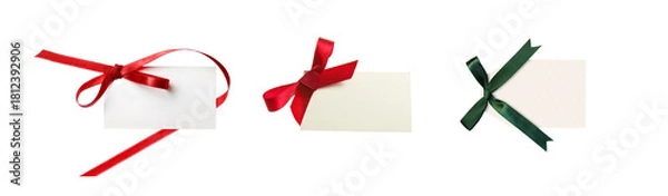 Fototapeta Blank gift tags with red green ribbons isolated object transparent PNG background