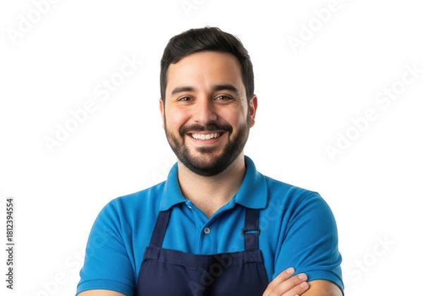 Fototapeta Smiling man wearing an apron isolated on transparent background