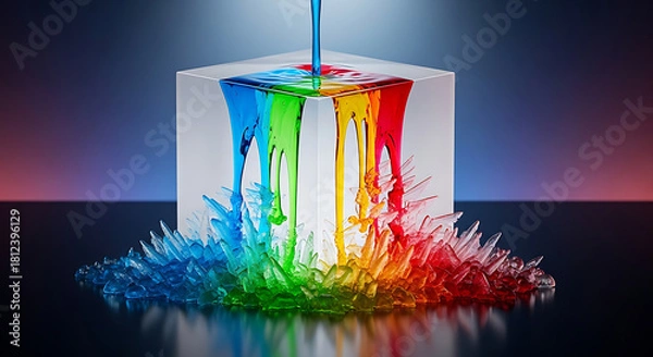 Fototapeta 3D render of primary colored liquids pouring onto a crystal cube, creating a ring of vibrant crystallization. Concept for chemistry, art, creation, and product formulation.