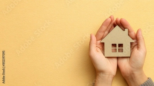 Obraz A small wooden house model is being gently held by two hands in front of a beige background
