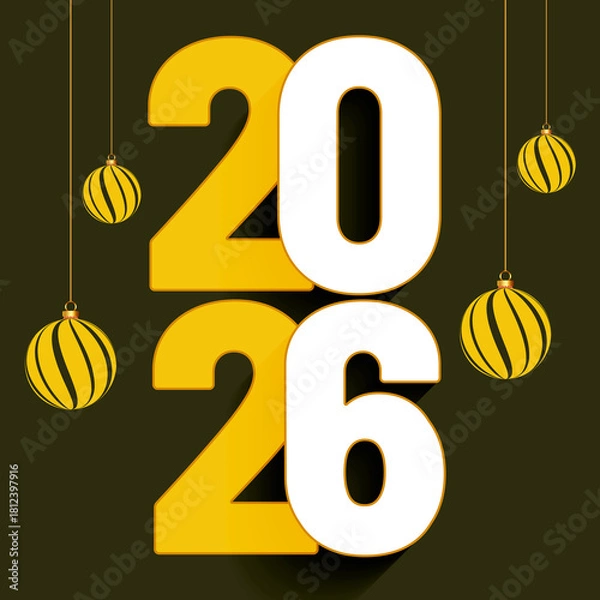 Fototapeta 2026 Happy New Year banner: Gold Numbers, Celebration Design, Festive Background, Green 2026 happy new year clock and festive background