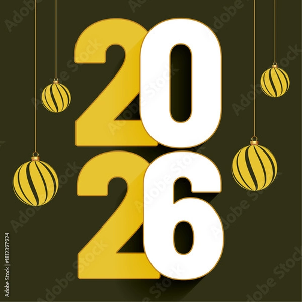 Fototapeta 2026 Happy New Year banner: Gold Numbers, Celebration Design, Festive Background, Green 2026 happy new year clock and festive background