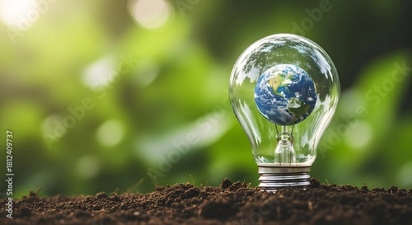 Fototapeta Earth inside a light bulb symbolizing green energy and environmental protection