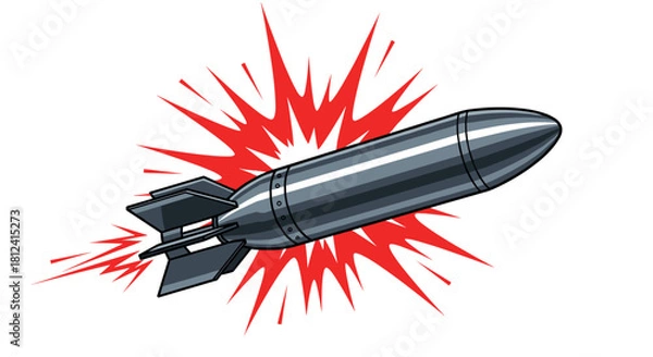 Fototapeta Cartoon bomb with red explosion emanating from its fins against a white background.