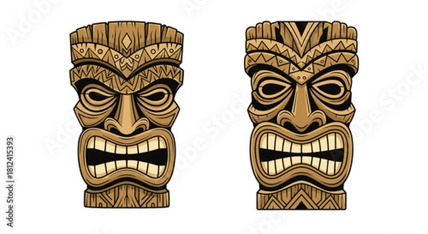 Fototapeta Two stylized tiki masks with a distressed wood texture, featuring fierce expressions.