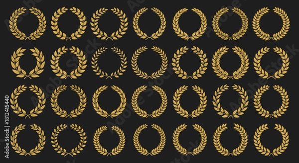 Fototapeta Collection of golden laurel wreaths on a dark background, representing victory and achievement.
