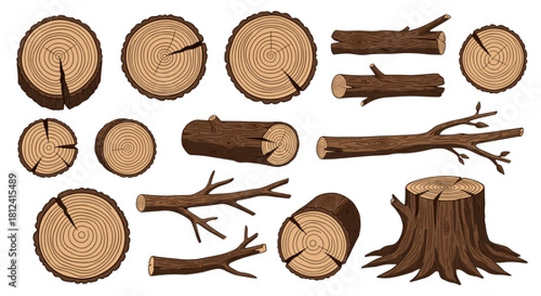 Fototapeta Collection of various wood logs, tree stumps, and branches with visible growth rings.