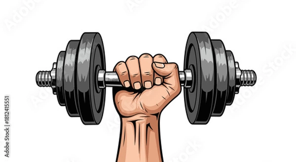 Fototapeta Close up of a hand holding a dumbbell with stacked weight plates on a white background.