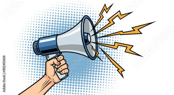 Fototapeta Hand holding a megaphone with sound waves emanating from it on a dotted background.