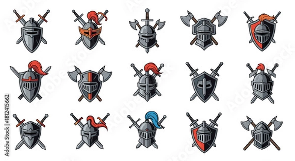 Fototapeta Collection of medieval knight helmets and shields with crossed swords and axes.