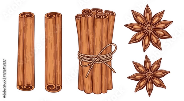 Fototapeta A colorful illustration of cinnamon sticks and star anise on a white background.
