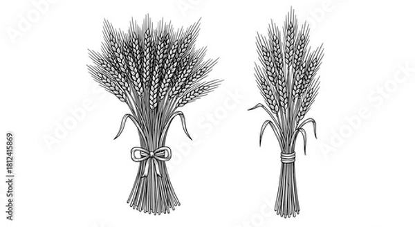 Fototapeta Two bunches of wheat stalks, one tied with a bow, presented on a white background.