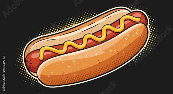 Fototapeta A stylized illustration of a hot dog with bright yellow mustard on a black background with halftone dots.