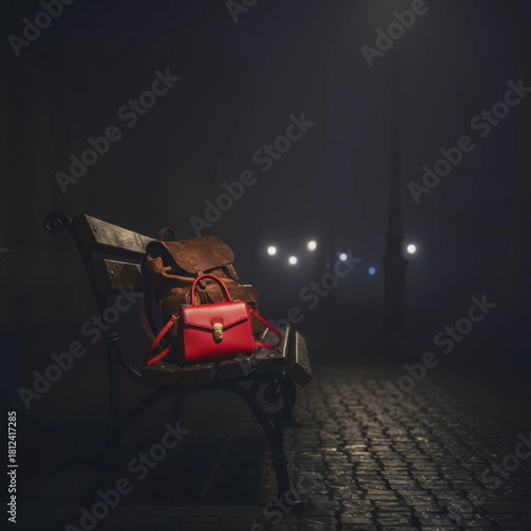 Fototapeta A woman's handbag and a leather backpack lie on a bench