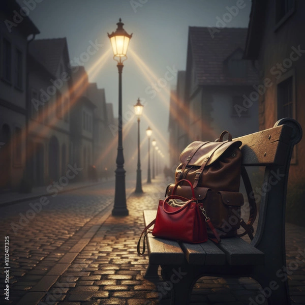 Fototapeta A woman's handbag and a leather backpack lie on a bench