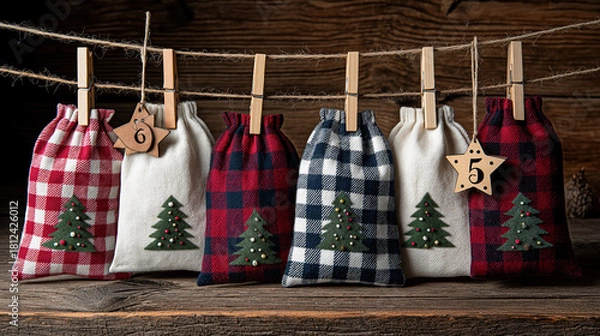 Obraz Rustic homemade Christmas advent calendar with fabric bags. Holiday countdown decoration hanging on a string against a wooden background