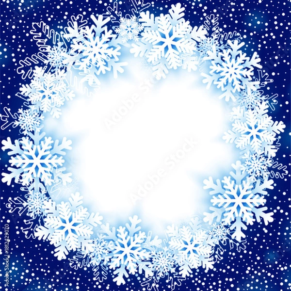 Fototapeta Festive winter background with a circular frame made of white snowflakes on blue backdrop