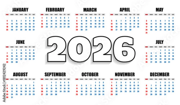Obraz Calendar 2026 template with all months on white background