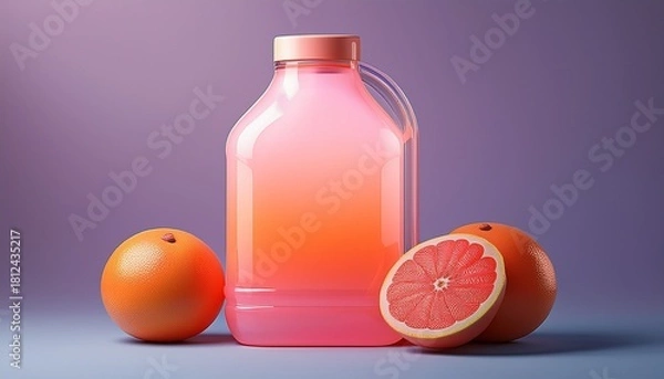 Fototapeta a grapefruit juice gallon with a soft pink and orange gradient finish and minimalist design on a light lavender background