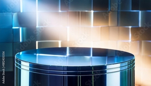 Fototapeta cylindrical mirror podium placed against a seamless reflective mirror wall glowing highlights