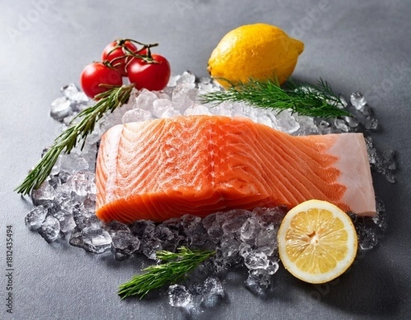 Fototapeta fresh raw fish salmon and vegetables on ice with lemon and herbs on gray background