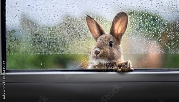 Fototapeta curious rabbit peeks through rainy window