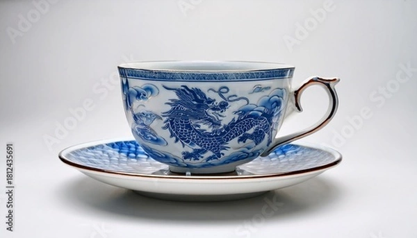 Fototapeta a single porcelain teacup with a delicate blue dragon pattern placed on a plain white surface