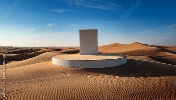 Fototapeta a lone podium on a desert plain with windblown sand forming gentle drifts around its base