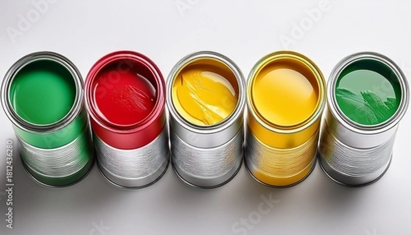Fototapeta paint cans filled with vibrant red yellow and green colors isolated against white background