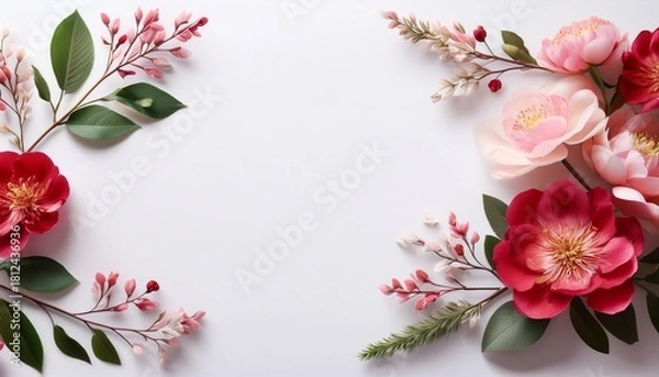 Fototapeta elegant floral banner with pink and red blossoms delicate branches and soft leaves on white background perfect for celebrations