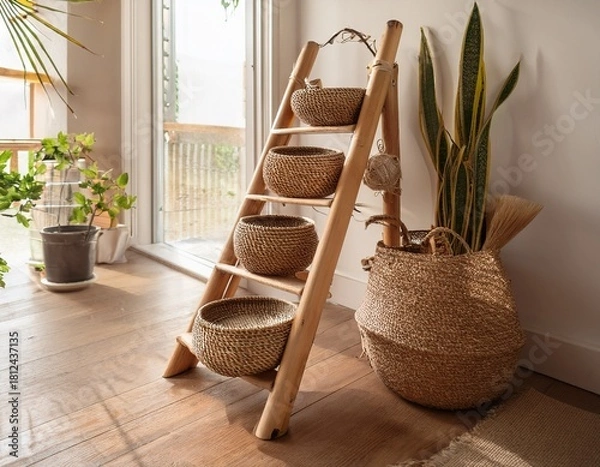 Fototapeta rustic bamboo ladder with woven steps for natural home decor and storage solutions display